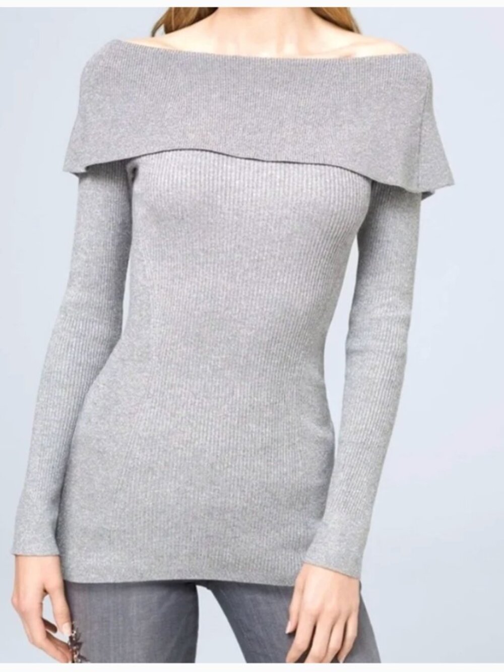WHBM Bow Back OFF SHOULDER Metallic Tunic Ribbed Knit Sweater